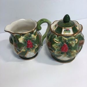 Rare Cosmos Holly Berry Green Red Gold Ceramic Christmas Creamer Sugar Set